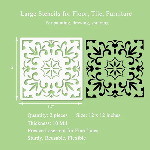 Miniatura 2 de 2 plantillas grandes de 12 x 12 pulgadas de mandala para piso, azulejos, paredes, tela, madera y muebles, plantillas de flores reutilizables