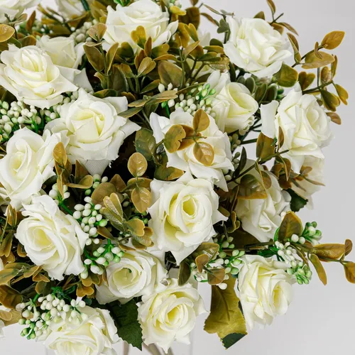 Miniatura 4 de Flores artificiales, 5 racimos, 24 rosas pequeñas de seda falsa, arreglo de flores de plástico para ramos de boda, decoración del hogar, centros
