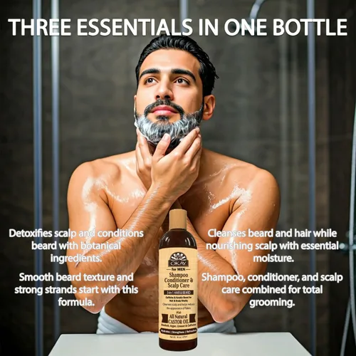 Miniatura 5 de Okay -MEN Champú y acondicionador 3 en 1 - Champú y acondicionador de aceite de ricino, lavado de barba, tratamiento aclarador para cabello seco