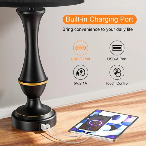 Miniatura 3 de Seealle - Juego de 2 lámparas táctiles mejoradas para mesitas de noche - Lámparas de mesita con USB C+A, regulables de 3 vías para dormitorio, sala