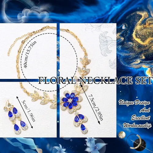 Miniatura 3 de Gold Blue Jewelry Set Diamond Black Flower Teardrop Necklace Earrings Rhinestone Crystal Wedding Prom Formal Trendy Jewelry Accessories for Brides