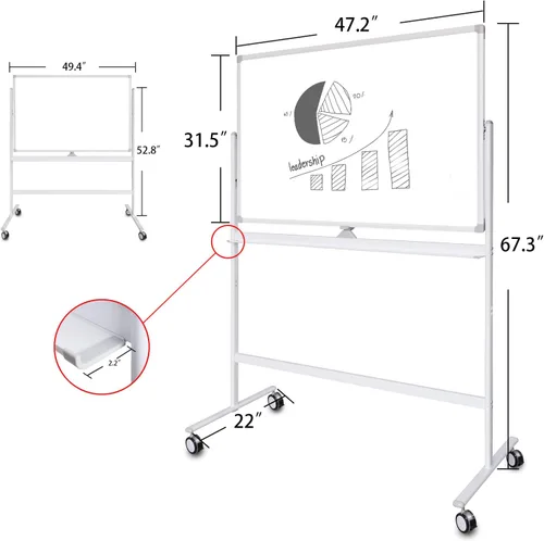 Miniatura 5 de Pizarra blanca móvil de grado industrial de 32 x 48 pulgadas de borrado en seco con soporte rodante con cerradura, pizarra blanca magnética de doble