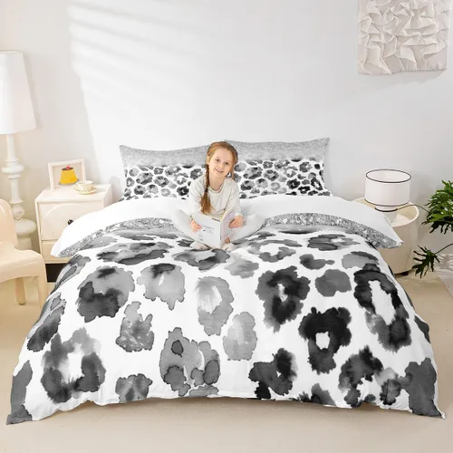 Miniatura 24 de Juego de funda de edredón para niños, tamaño individual, diseño de cebra y leopardo con purpurina, decoración de habitación para niñas y mujeres