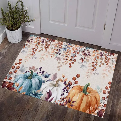 Miniatura 8 de Tapete para puerta de interior de Acción de Gracias, 16 x 24 pulgadas, tapete de bienvenida antideslizante para patio, color verde azulado, naranja
