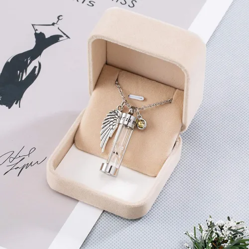 Miniatura 12 de PREKIAR Collar de urna de cremación para cenizas en forma de reloj de arena con dije de recuerdo 12 piedras de nacimiento y un ala de ángel