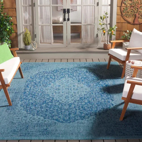 Miniatura 17 de SAFAVIEH Alfombra lavable para exteriores, colección Courtyard de 2.3 x 6.7 pies, color verde azulado y crema, no desprende pelusa y es fácil