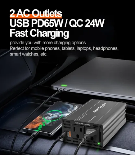 Miniatura 4 de 400 W Inversor de corriente para automóvil - Adaptador de enchufe de toma doble CC 12 V a 110 V CA, puerto USB C de carga rápida 65 W y 24 W