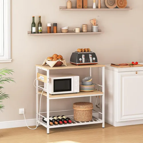 Miniatura 2 de HOOBRO Isla de cocina con almacenamiento, mesa de isla de cocina con toma de corriente, estación de café de 3 niveles y soporte para microondas