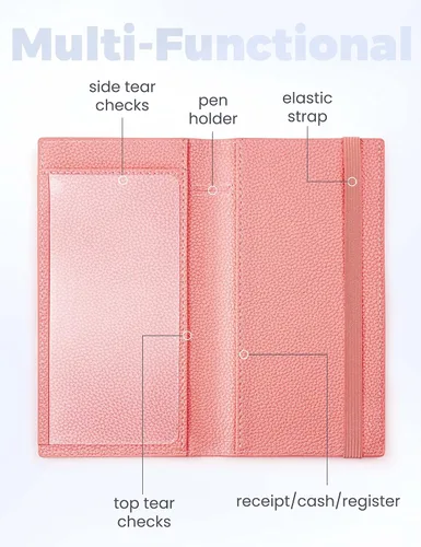 Miniatura 56 de Yarnic Funda para chequera personal, soporte para chequera con soporte para bolígrafo y divisor de plástico transparente integrado para cheques Rosa