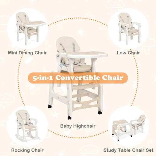 Miniatura 3 de INFANS 5 en 1 Silla Alta para Bebé, Juego de Silla y Mesa Convertible para Niños, Silla Mecedora, Asiento Multifuncional con Ruedas Universales Beige