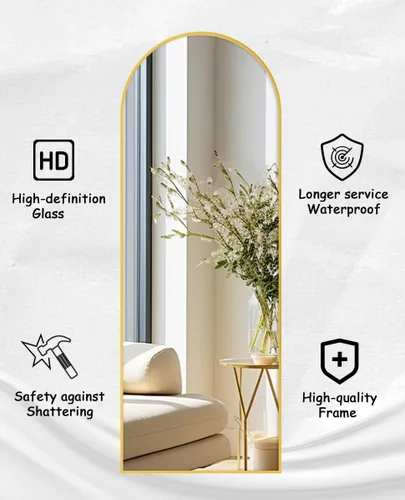 Miniatura 5 de Rowjut Espejo de Piso de 64"x21" Espejo Arqueado de Cuerpo Completo, Espejos de Piso de Cuerpo Completo de Pie Colgante o Reclinable/Grande de Dorado