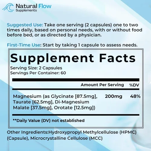 Miniatura 9 de Suplemento Complejo de Magnesio Natural Flow 4X – 200 mg Elemental Mg – Glicinato, Taurato, Malato y Orotato – Calma, Sueño y Apoyo Muscular – Sin