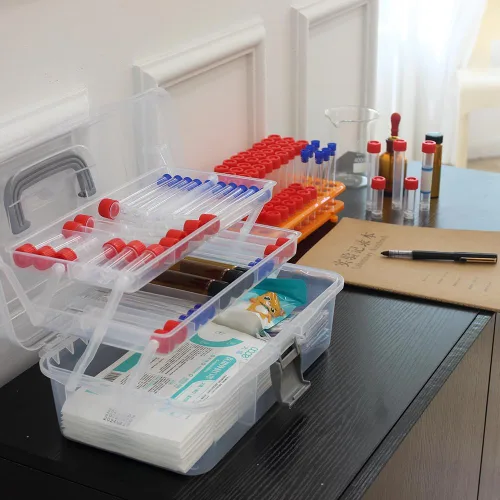 Miniatura 7 de Bandejas de 2 niveles, caja organizadora de contenedores de almacenamiento de plástico gris transparente, funda de transporte portátil multiusos