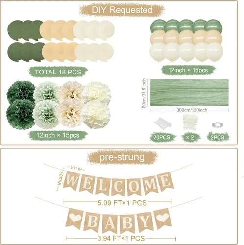 Miniatura 2 de Kit de decoración de fiesta de baby shower, pancarta de arpillera de corazón de bebé con flores de tejido verde salvia, pompones, fieltro, remolino