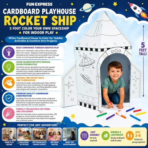 Miniatura 2 de Fun Express Juguete de barco cohete de cartón para niños, color de 5 pies, tu propia nave espacial para jugar en interiores Casa de cartón blanco