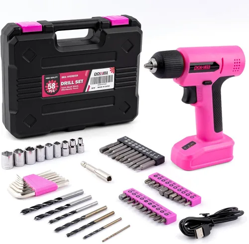 DOWELL Juego de herramientas de taladro inalámbrico de 8 V, 58 unidades, LED integrado, velocidad variable, cable de carga tipo C, funda moldeada