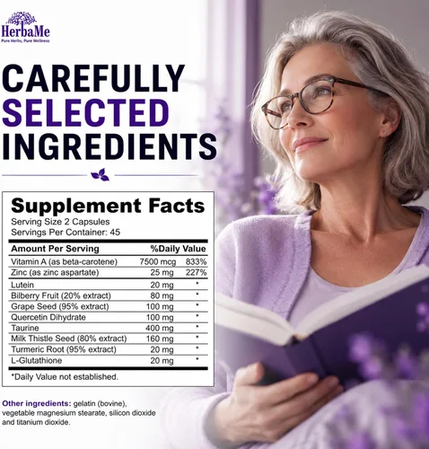 Miniatura 9 de HerbaMe Suplemento de vitaminas para los ojos con luteína, arándano, betacaroteno, L-taurina, zinc y quercetina, 90 cápsulas, apoya la visión