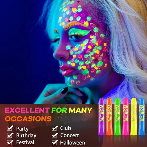Miniatura 6 de Tenceur 48 piezas de maquillaje que brilla en la oscuridad, crayón UV, luz negra, fluorescente, kit de pintura corporal para adultos, fiesta