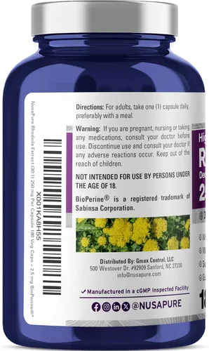 Miniatura 3 de NusaPure Rhodiola Rosea 7,500 mg 180 cápsulas vegetales (sin OMG, extracto 30:1, vegetariano/vegano y sin gluten) con bioperina