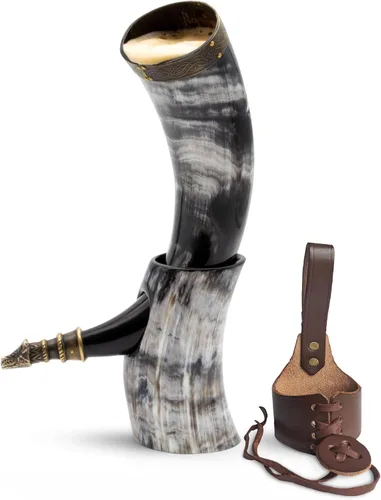 Miniatura 12 de Norse Tradesman Cuerno vikingo de cuerno de buey genuino de 12 pulgadas con exquisito lobo grabado a mano y nudo celta, funda de cinturón de cuero