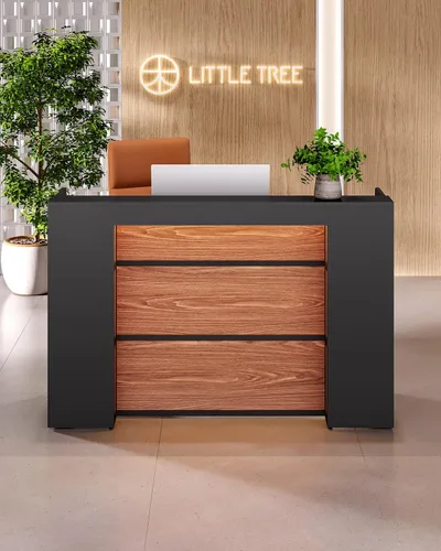 Miniatura 5 de LITTLE TREE Escritorio de recepción de 63 pulgadas, mesa de recepción moderna con luz LED, mostrador frontal, mostrador de madera para vestíbulos