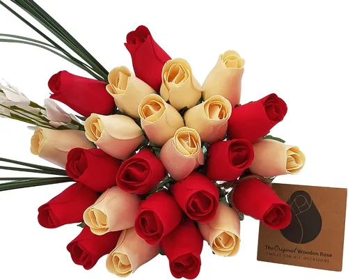 Miniatura 20 de Ramos originales de rosas de madera en 1, 2, o 3 docenas, Madera de abedul, Todo rojo, 1 Docena
