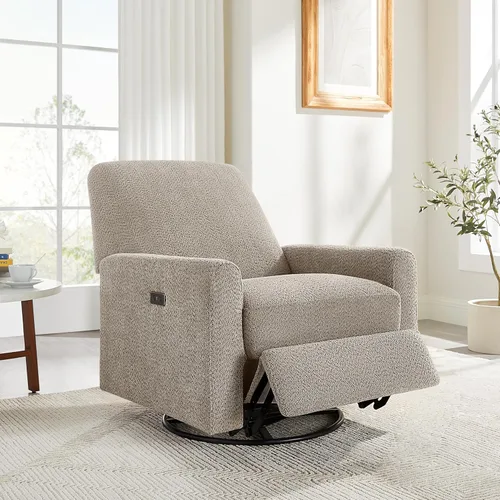 VANOMi Silla Reclinable Giratoria Deslizante Eléctrica, Silla Reclinable Mecedora Eléctrica para Guardería, Cargador USB y Tipo-C, Bouclé Camello