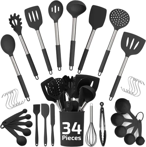 Juego de utensilios de cocina de silicona resistente al calor de 450°F - 34 piezas de utensilios de cocina negros - Juego para utensilios de cocina