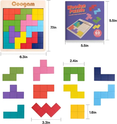 Miniatura 7 de Coogam Rompecabezas de madera con patrón de bloques de cerebro juego con 60 desafíos, juguete de construcción ruso 3D de madera en forma de tangram