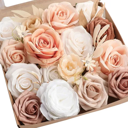 Miniatura 16 de Floroom - Flores artificiales de aspecto real en color lila, lavanda, púrpura y crema, rosas falsas, dalias y vegetación en conjunto de caja