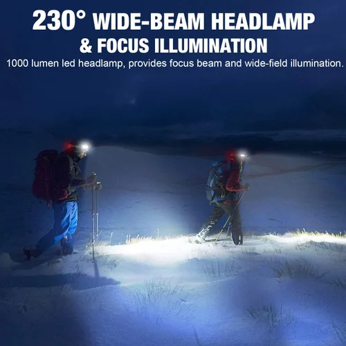 Miniatura 2 de Linterna frontal LED, 1000 lúmenes, 230° de haz ancho, linterna frontal recargable por USB con luz trasera roja, luz ligera e impermeable