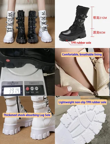 Miniatura 6 de Botas de media pantorrilla para mujer, ligeras, a la moda, con múltiples hebillas, con cordones, antideslizantes, altura de motocicleta