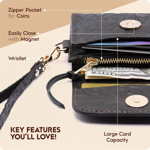 Miniatura 27 de Toros Craft Handmade Leather Wallets for Women, Western Wristlet Wallets, Floral Leather Small Credit Card Holder with Zipper, Minimalist & Cute