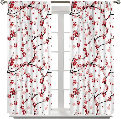Miniatura 7 de Spring Cherry Curtains, Floral Pink Flowers Plum Blossom Japanese Asian Style Window Drapes, for Bedroom Living Room 41" W X 45" L (No Blackout)