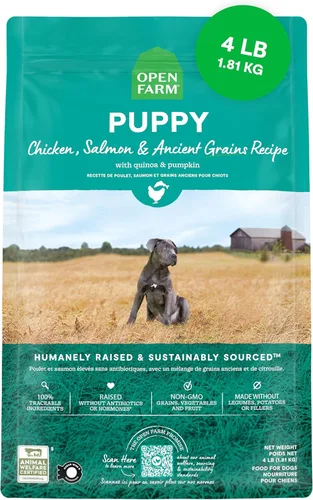 Open Farm, Alimento seco para cachorros con granos antiguos, rico en proteínas y nutrientes, 90% de proteína animal mezclada con frutas, verduras y