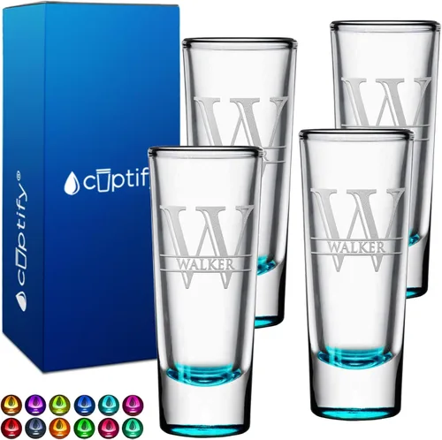Miniatura 11 de Vaso de chupito personalizado con fondo verde azulado personalizado de 2 oz, vasos de chupito cordial con inicial en script dividido y nombre