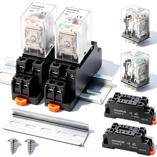 Miniatura 7 de mxuteuk 2 unidades JQX-13FL DC 12V Bobina de 8 pines de 10A DPDT con indicador LED Relé de potencia electromagnético, con base, con riel DIN
