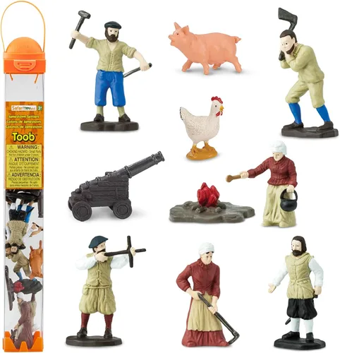 Safari Ltd. Jamestown Settlers TOOB - 10 figuras: marinero, jardinero, herrero, colonos, John Smith, pollo, cerdo, cañón - Figuras de juguete