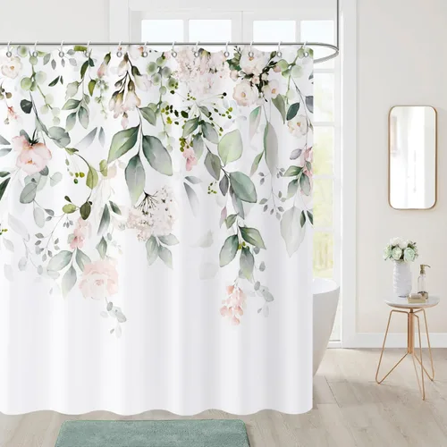 Miniatura 24 de Cortina de ducha de hojas de eucalipto en blanco y negro, hojas de acuarela negras y doradas, cortina de baño con plantas botánicas, tela