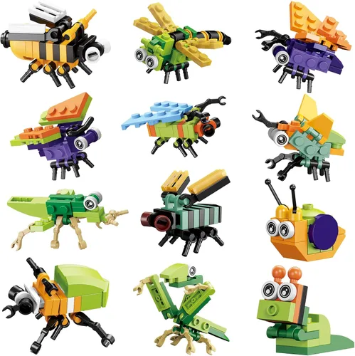 BRICHBROW Recuerdos de fiesta para niños, paquete de 12 bloques de construcción de animales para bolsas de regalos, rellenos de calcetines, premios