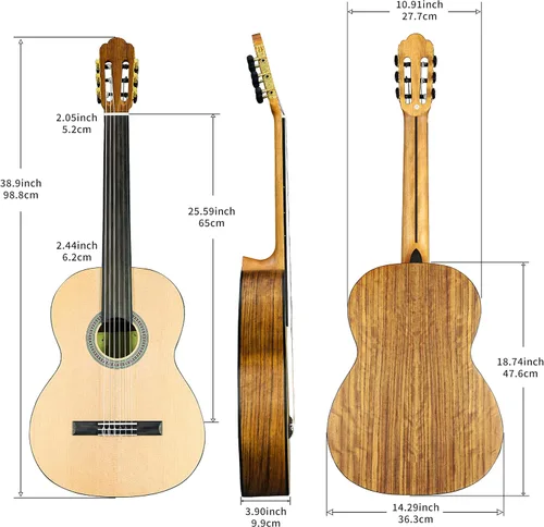 Miniatura 3 de TARIO Guitarra clásica sin trastes de 39 pulgadas Guitarra acústica tamaño completo Tapa de abeto Ovangkol espalda y lados Okoume diapasón de laurel