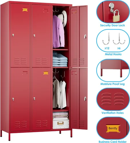 Miniatura 4 de SUPEER Casillero de Metal de 6 Puertas para Empleados con Soporte para Tarjetas de Visita y 18 Ganchos, Casillero de Metal para Empleados con Rojo