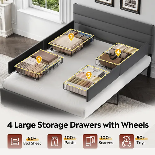 Miniatura 4 de WLIVE Base de cama tapizada tamaño Queen con 4 cajones de almacenamiento y cabecero, marco de cama de plataforma de terciopelo, soporte de listones