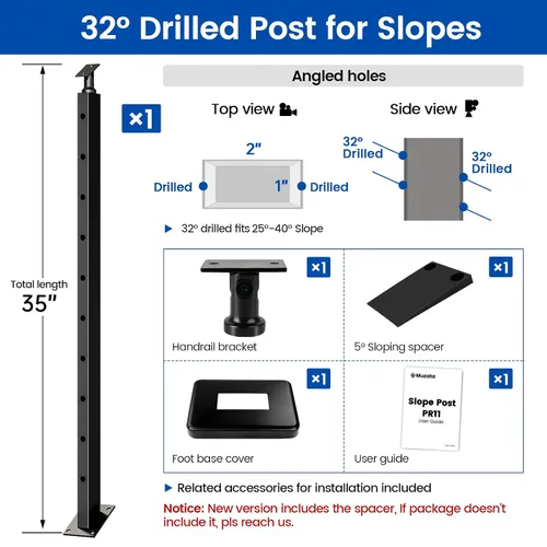 Miniatura 2 de Muzata Poste Negro Inclinado de Barandilla de Cable de 36 Pulgadas para Pendiente de 25 a 40 Grados 36"x1"x2" Kit de Sistema de Barandilla de Cable