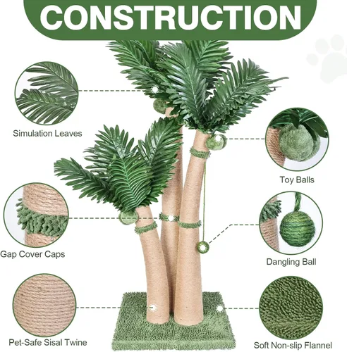 Miniatura 2 de Poste Rascador para Gatos de 40'' de Alto Árbol para Gatos, 3 Postes Rascadores de Palmera de Diseño Curvado con 8 Bolas Interactivas, Cuerda