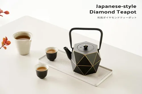 Miniatura 2 de Toptier Tetera de Hierro Fundido, Tetera de Té Japonesa de Hierro Fundido Segura para Estufa, Tetera de Diseño de Diamante con Infusor Removible