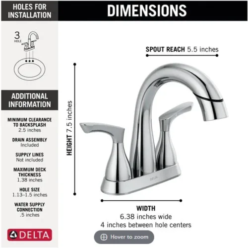 Miniatura 6 de Grifo de baño Delta Broadmoor de centro cromado con rociador, grifo de fregadero de baño de 4 pulgadas y 3 agujeros con rociador extraíble, drenaje