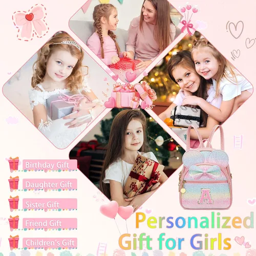 Miniatura 2 de KKXIU Mochilas Mini con Moño Inicial para Niñas y Mujeres, Linda Mochila Pequeña con Asa de Bolso, Regalos Personalizados para Niños, Arcoíris