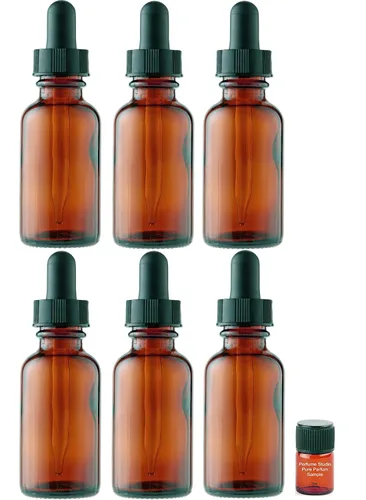 Perfume Studio Juego de 6 piezas; botellas cuentagotas de vidrio ámbar de 2 onzas con una muestra de fragancia Perfume Studio de 0.07 onzas líquidas