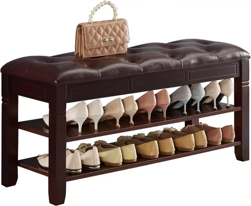 Miniatura 9 de Banco de almacenamiento de zapatos, zapatero de entrada con asiento de cuero de fibra de 2 niveles, organizador superior de madera para entrada